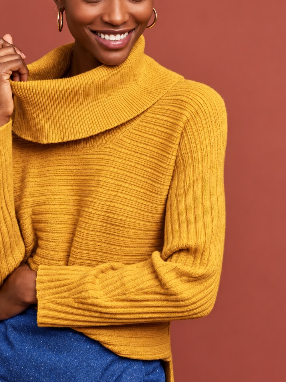 Moth by Anthropologie Ribbed Mustard Cowl-Neck Sweater